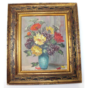 S Lalanne B Floral Still Life Oil Painting Gold & Black Frame French VTG 15"x13"